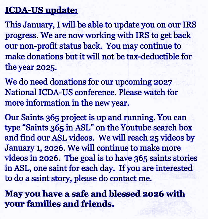 A clip from the Presiden's column in the Fall/Winter 2025 issue of Deaf Catholic