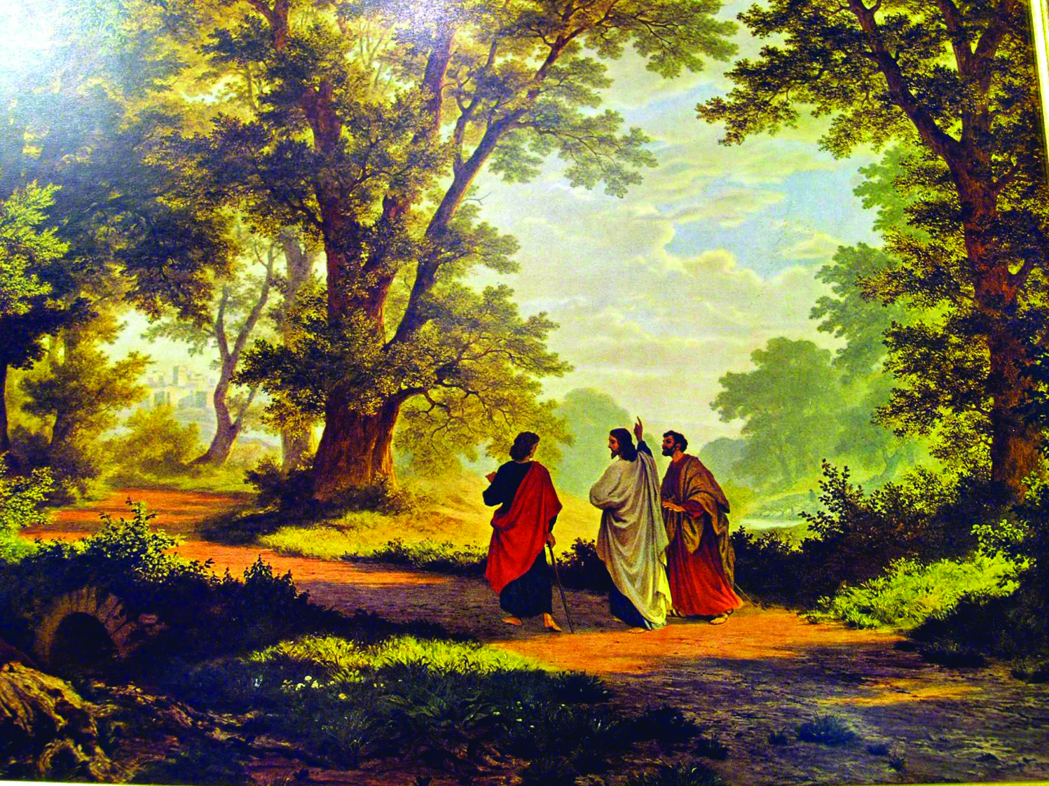 Jesus walking to Emmaus with two of His Disciples